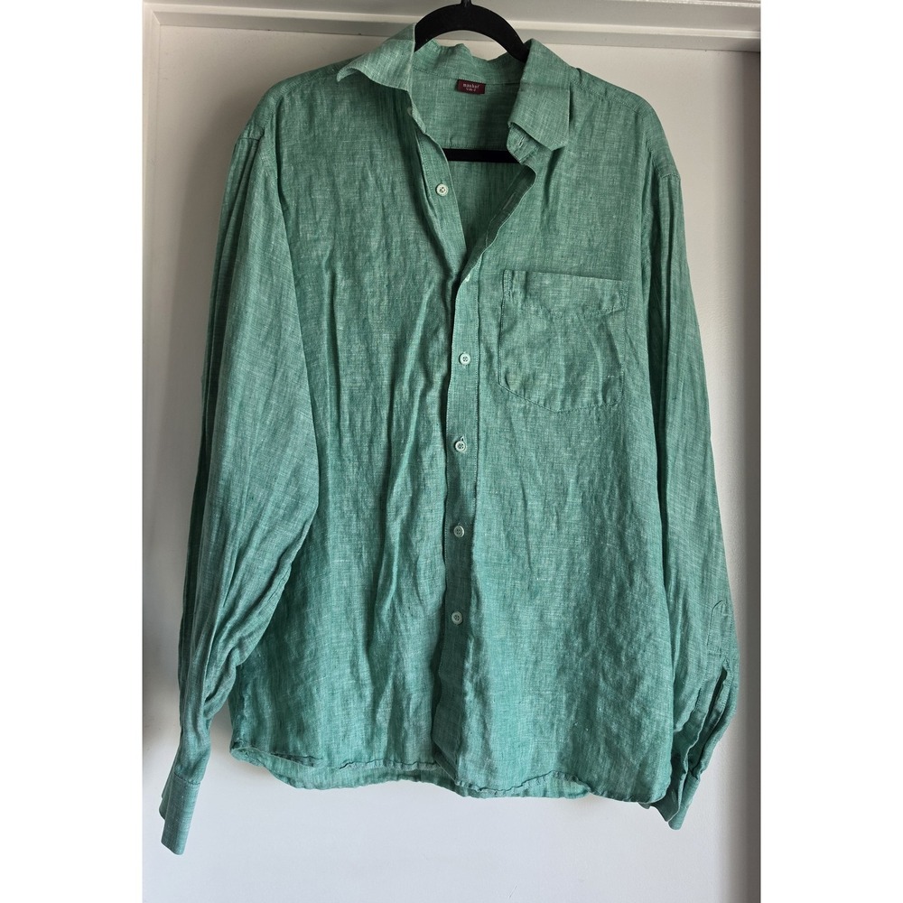 Manhar Men Button-Up Shirt Green Long Sleeve Collared Top Button-Down